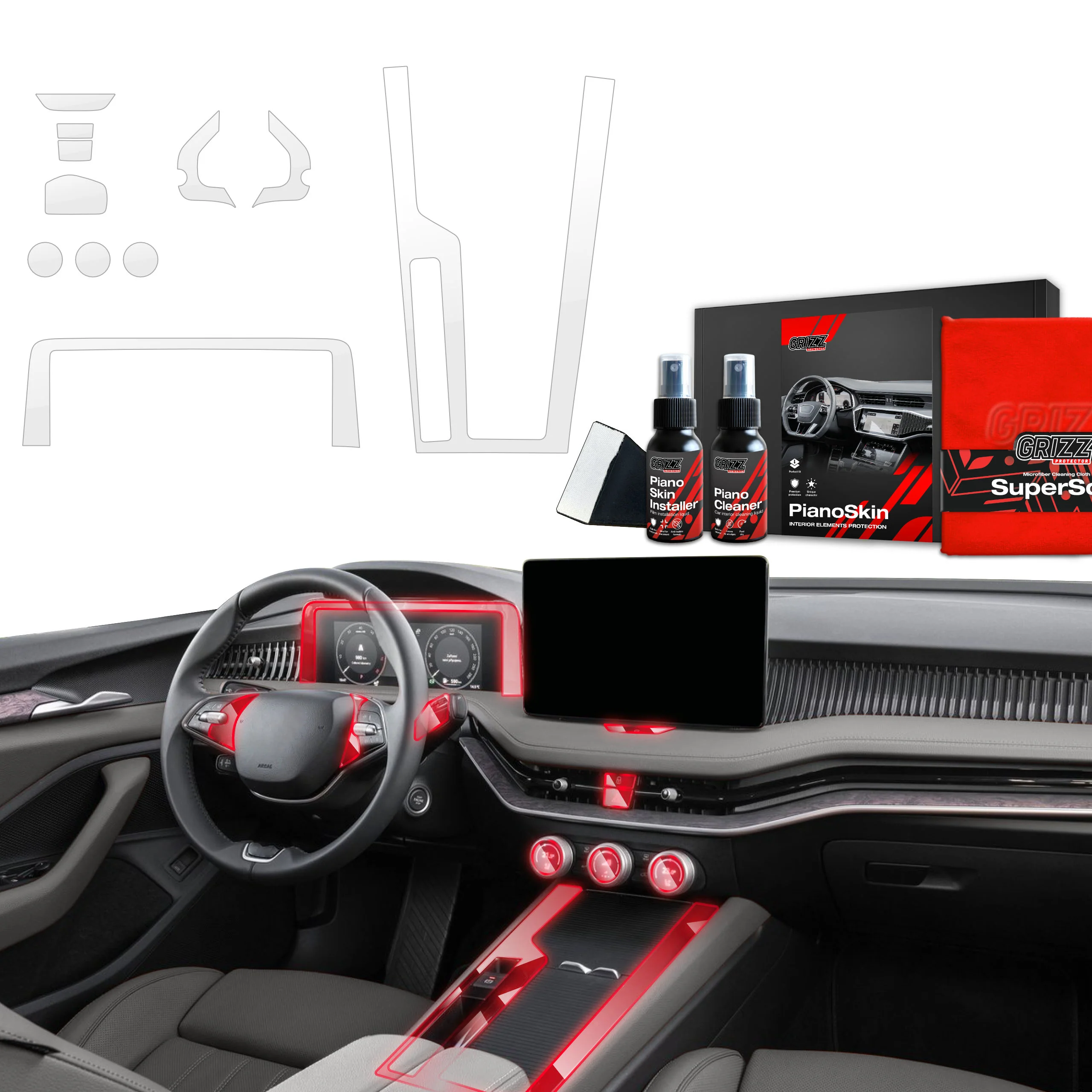8in1 Schutzfolien Grizz Protector für Mittelkonsole & Armaturenbrett - Skoda Superb 4 (2024-2025) Glanz