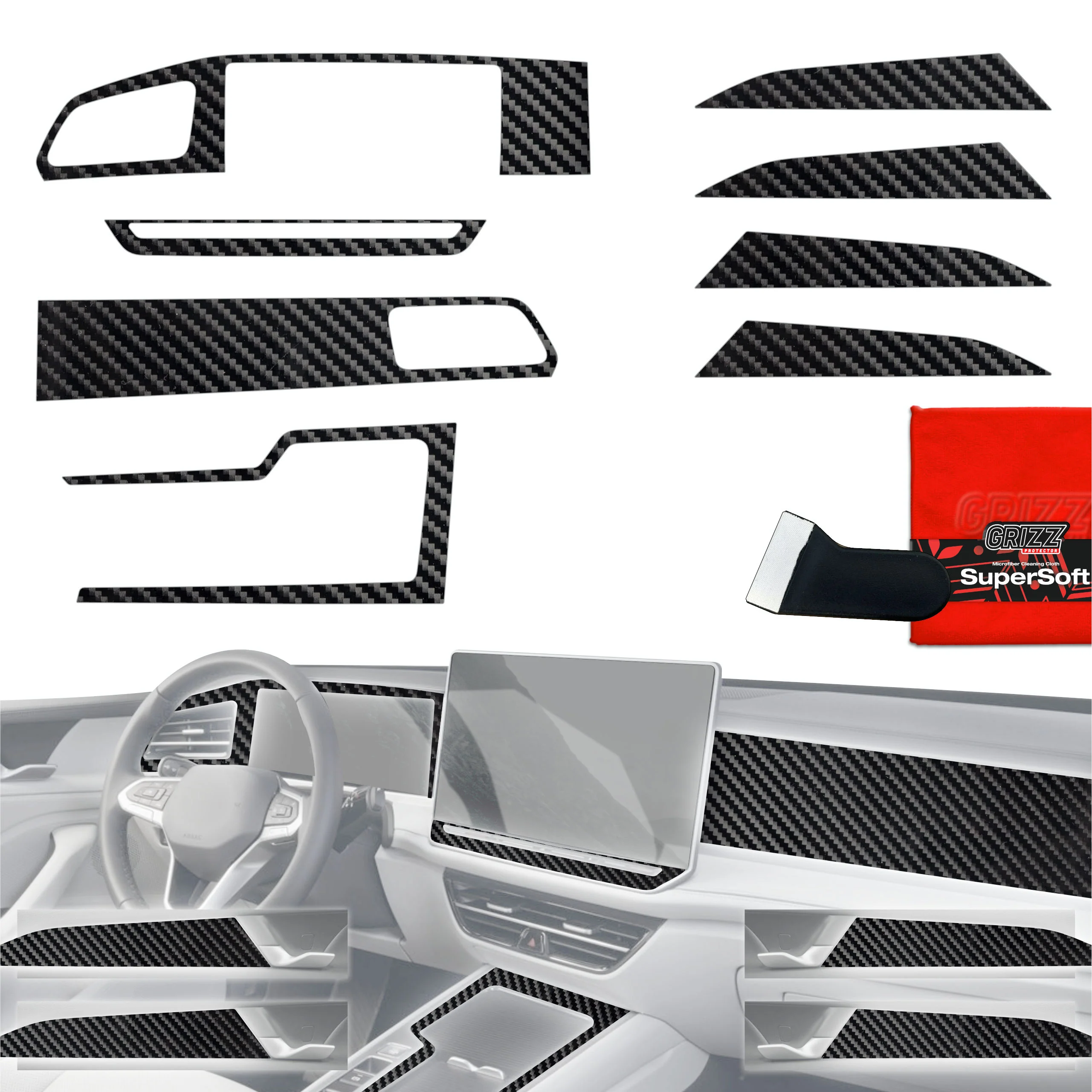 8in1 Schutzfolien Grizz Protector für Mittelkonsole & Armaturenbrett - Volkswagen Passat B9 12,9" (2024-2025) Carbon Optik Glanz