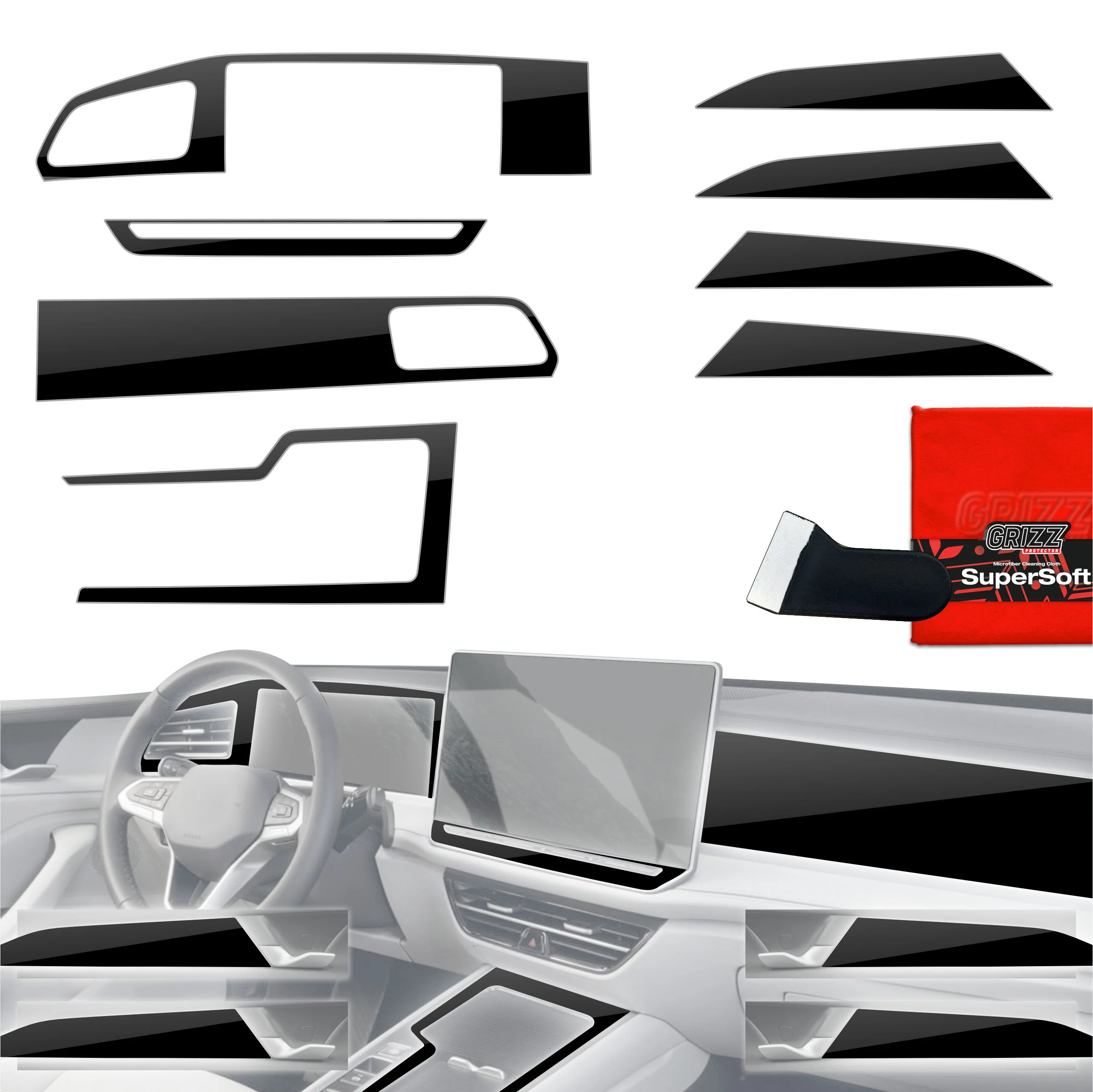 8in1 Schutzfolien Grizz Protector für Mittelkonsole & Armaturenbrett - Volkswagen Passat B9 15" (2024-2025) Schwarz Glanz