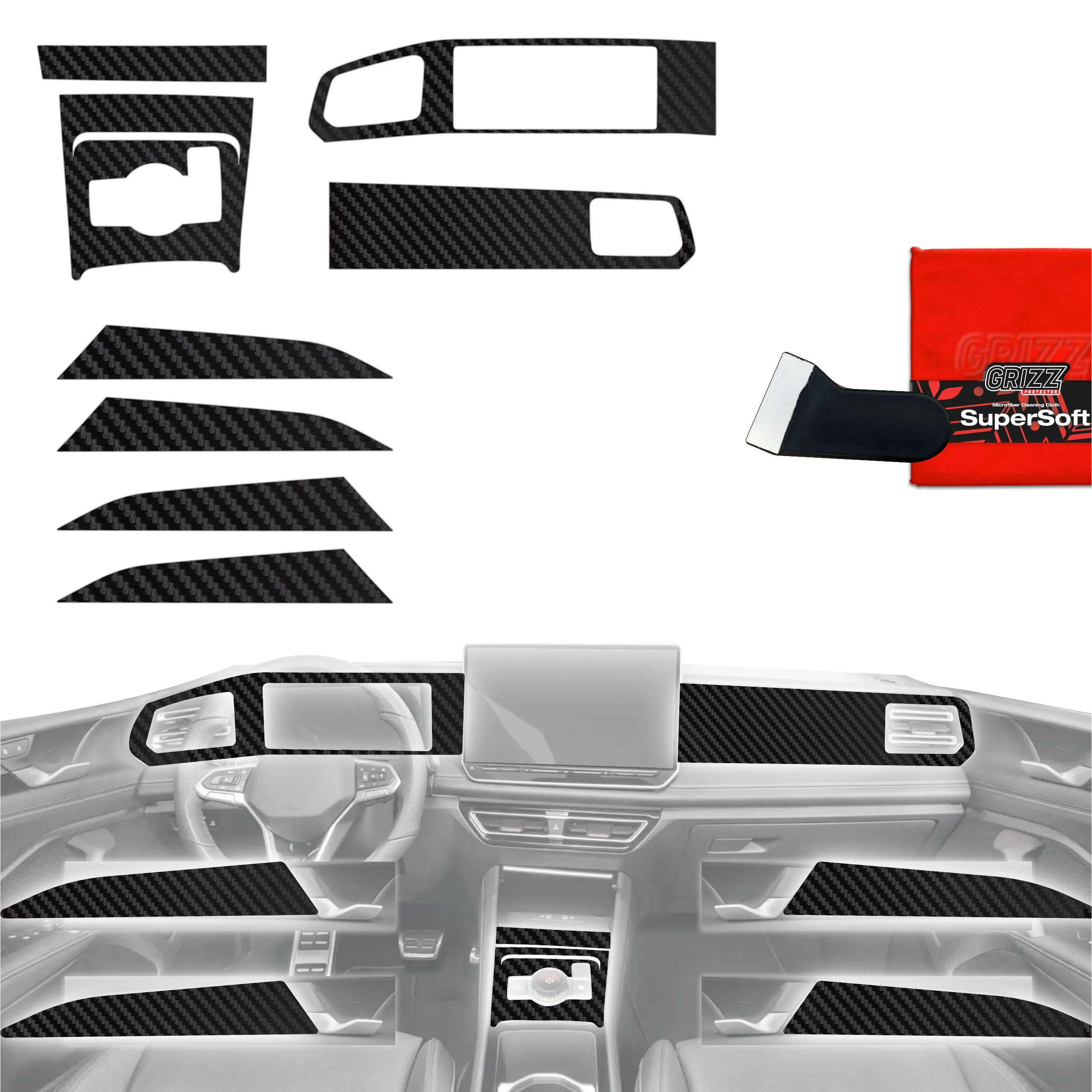8in1 Schutzfolien Grizz Protector für Mittelkonsole & Armaturenbrett - Volkswagen Tiguan 3 (2024-2025) Carbon Optik Matt Antifingerprint