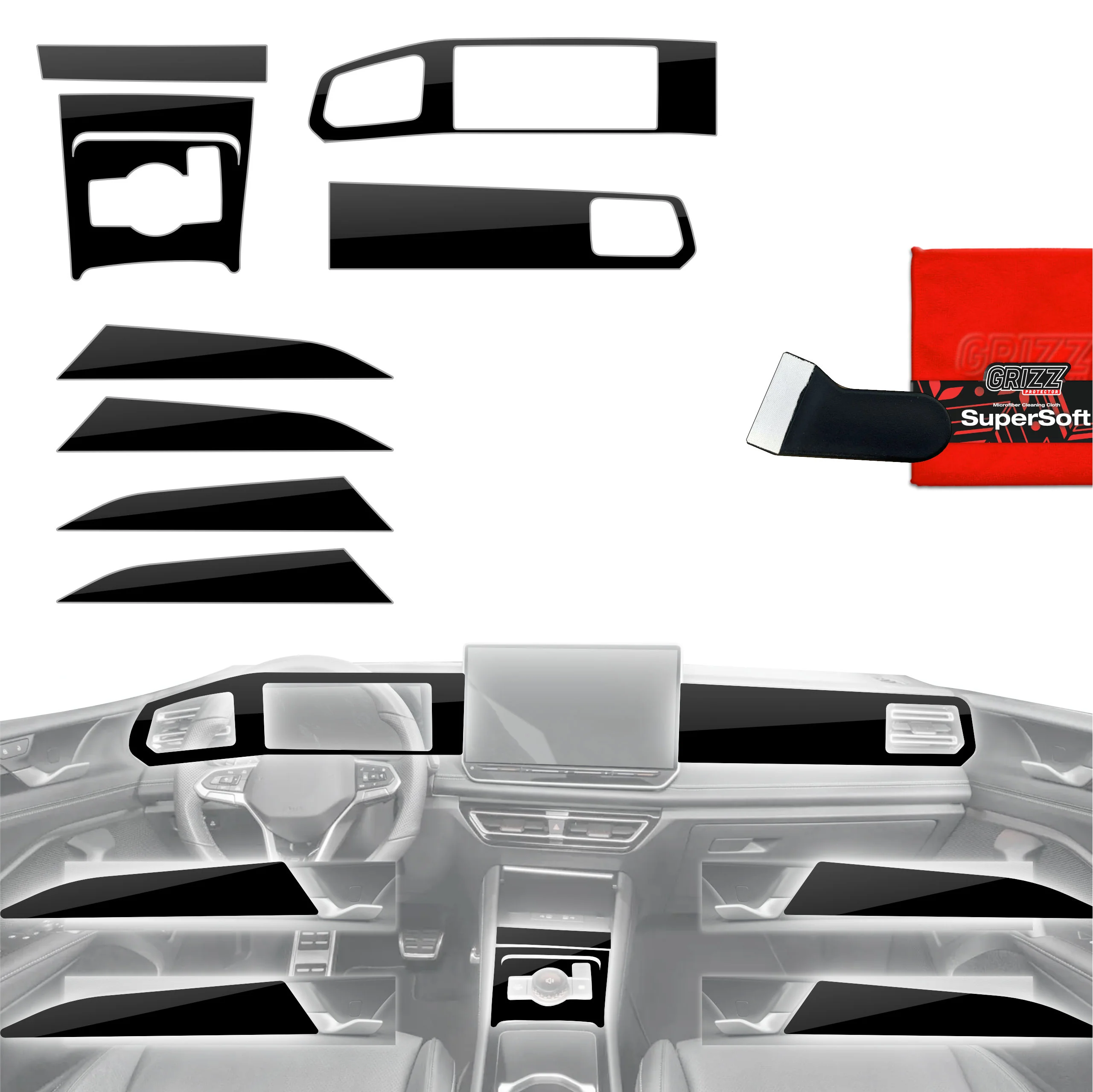 8in1 Schutzfolien Grizz Protector für Mittelkonsole & Armaturenbrett - Volkswagen Tiguan 3 (2024-2025) Schwarz Glanz