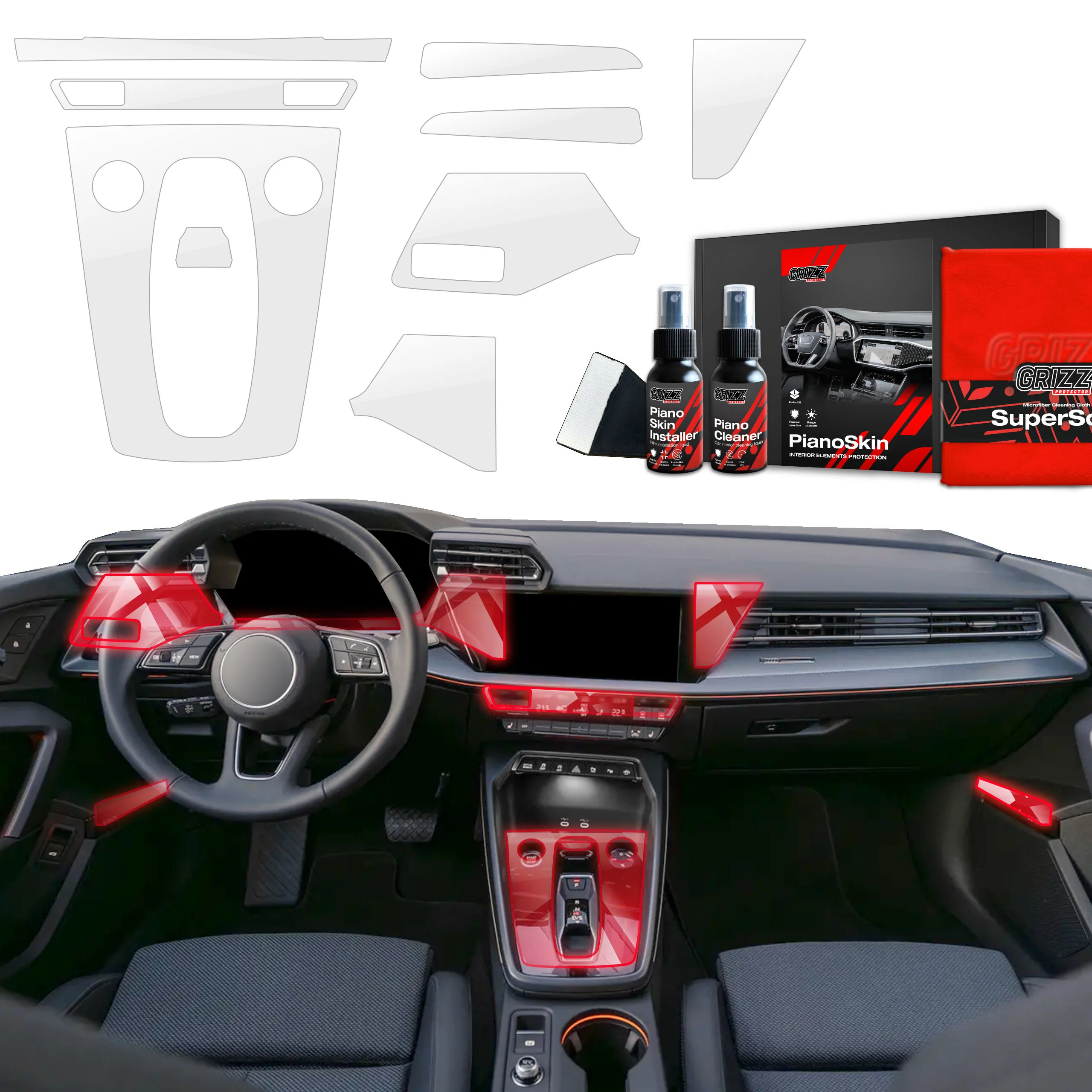 9in1 Schutzfolien Grizz Protector für Mittelkonsole & Armaturenbrett - Audi S3 8Y Facelift (2024-2025) Glanz