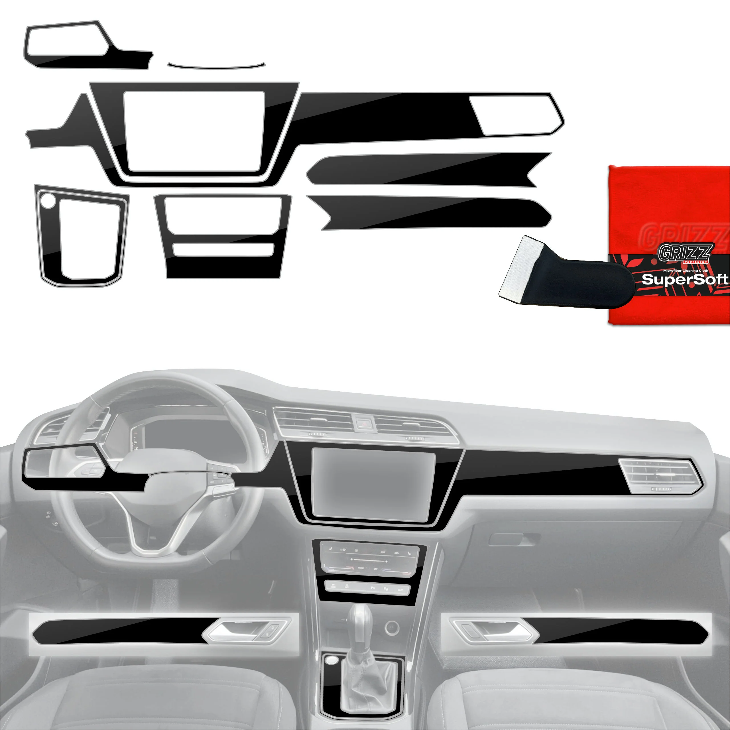 9in1 Schutzfolien Grizz Protector für Mittelkonsole & Armaturenbrett - Volkswagen Touran Highline (2025) Schwarz Glanz