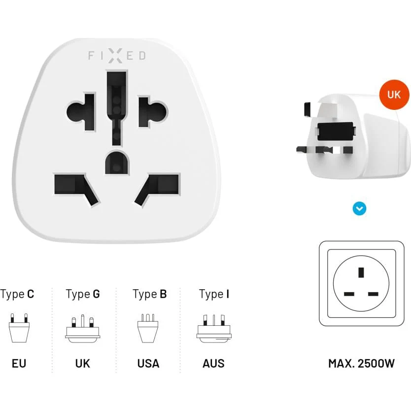 Adapter / Reisestecker Fixed World to UK, Adapter Europa auf Großbritannien, 2500W, Weiß - Image 3