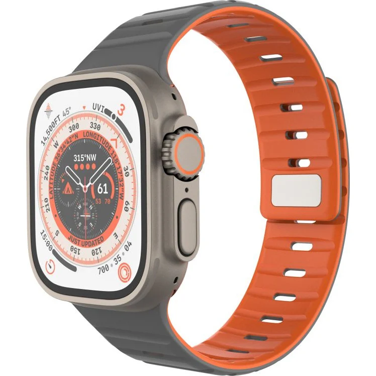 Armband für Apple Watch 44/45/46/49mm, Fixed Silicone Magnetic, Grau/Orange