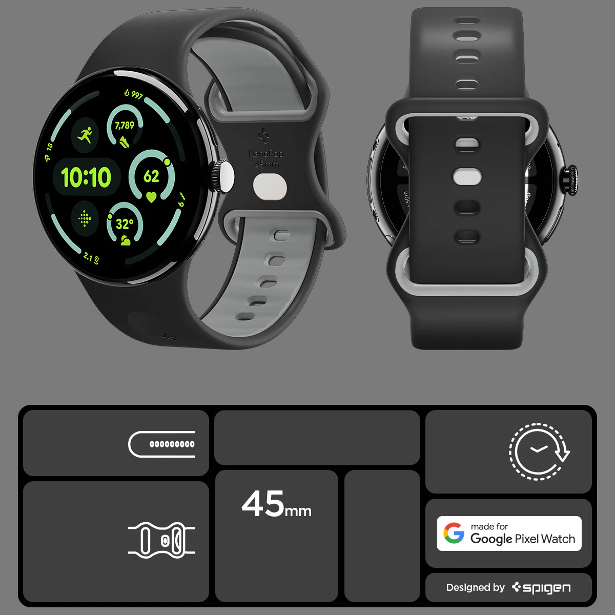 Armband für Pixel Watch 4/3 (45 mm), Spigen Nano Pop, Schwarz-Grau - Image 16