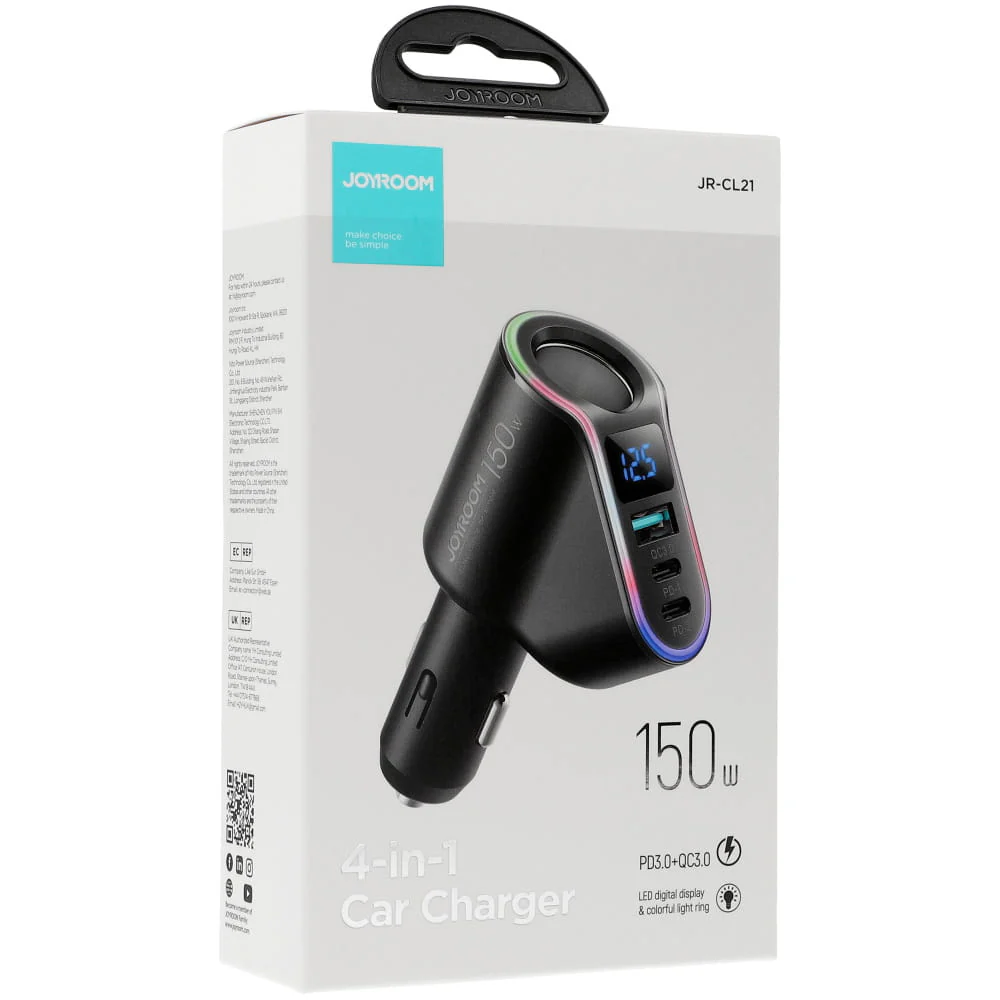 Autoladegerät 4in1 1x USB-A QC 3.0 / 2x USB-C PD 3.0 / 1x Zigarettenanzünder-Verlängerungssteckdose, Joyroom 4-in-1 Car Charger JR-CL21, 150W, Schwarz - Image 11