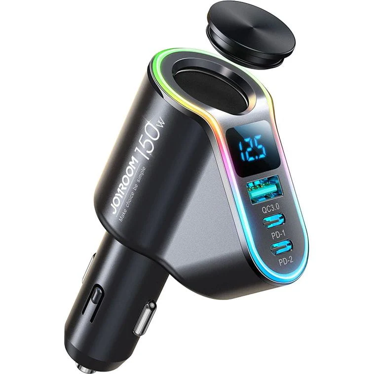 Autoladegerät 4in1 1x USB-A QC 3.0 / 2x USB-C PD 3.0 / 1x Zigarettenanzünder-Verlängerungssteckdose, Joyroom 4-in-1 Car Charger JR-CL21, 150W, Schwarz - Image 3