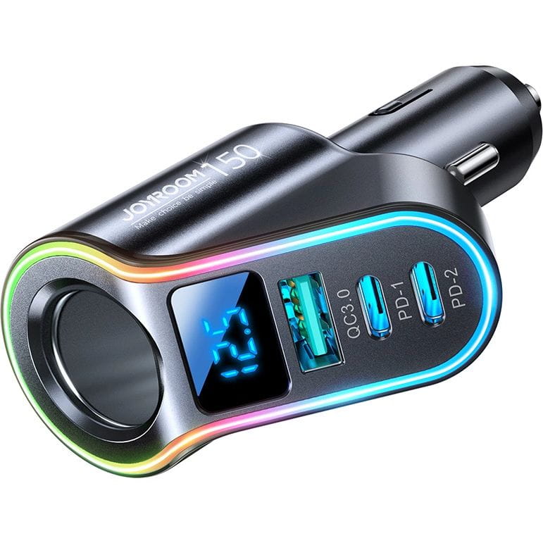 Autoladegerät 4in1 1x USB-A QC 3.0 / 2x USB-C PD 3.0 / 1x Zigarettenanzünder-Verlängerungssteckdose, Joyroom 4-in-1 Car Charger JR-CL21, 150W, Schwarz - Image 4