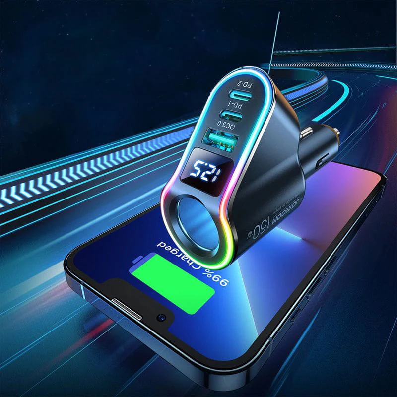 Autoladegerät 4in1 1x USB-A QC 3.0 / 2x USB-C PD 3.0 / 1x Zigarettenanzünder-Verlängerungssteckdose, Joyroom 4-in-1 Car Charger JR-CL21, 150W, Schwarz - Image 7