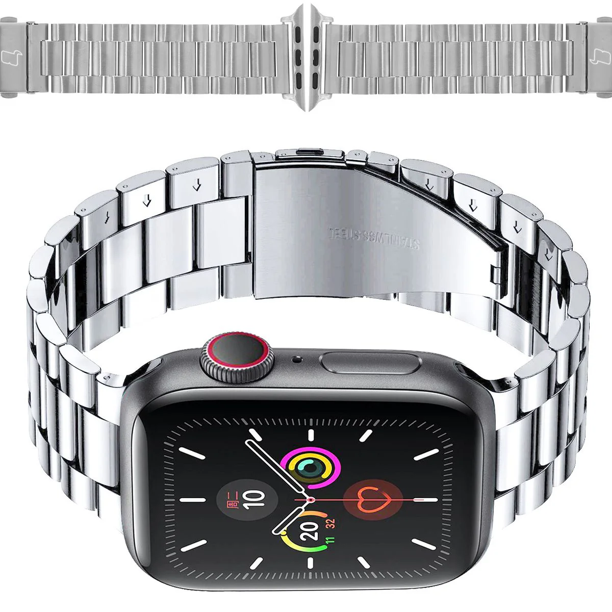 Edelstahl Armband für Apple Watch 44/45/46/49 mm, Bizon Strap Watch Aura, Silbern