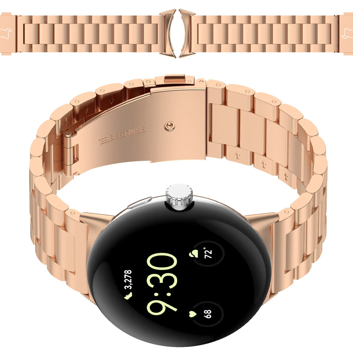 Edelstahl Armband für Google Pixel Watch 4/3 45 mm, Bizon Strap Watch Aura, Rosa Gold