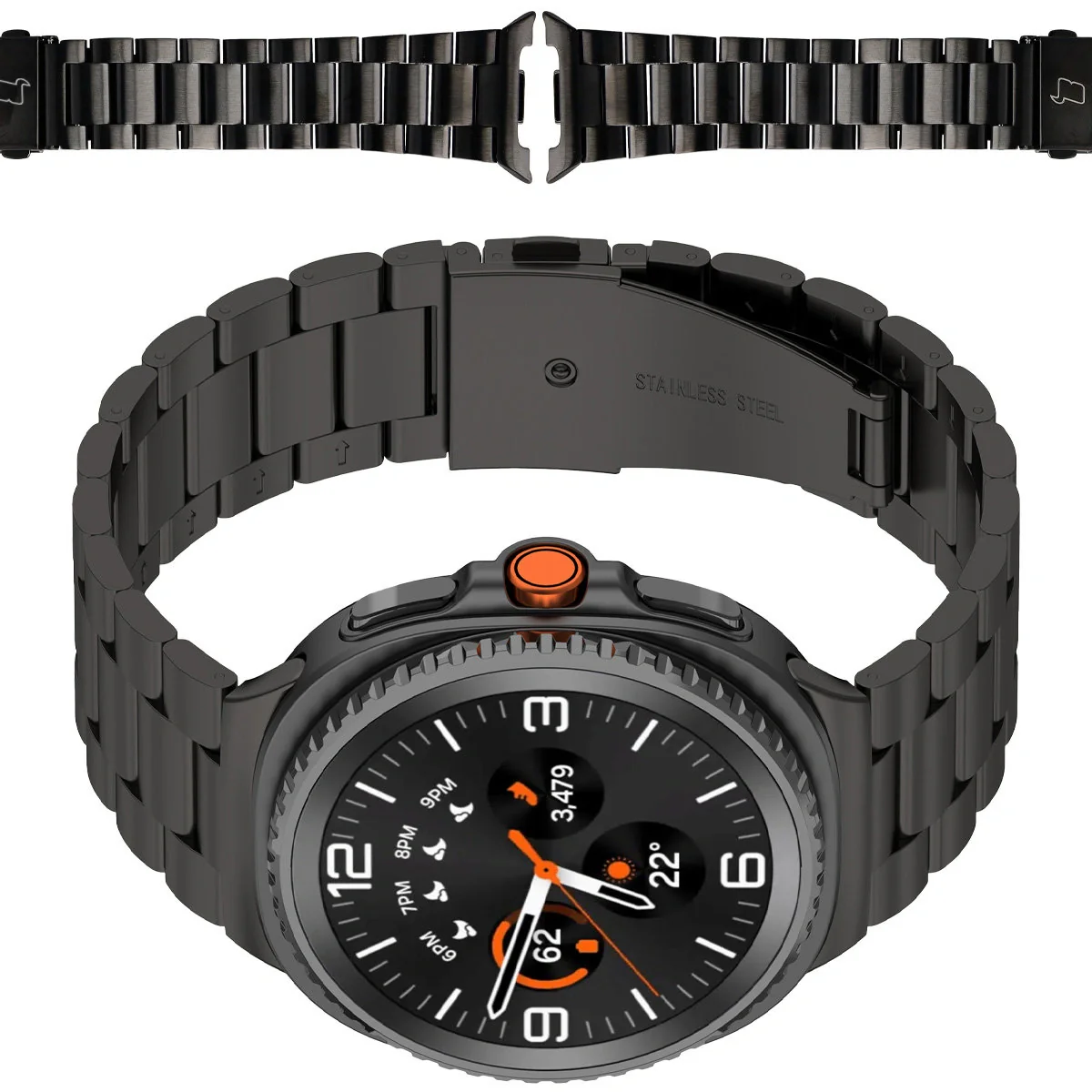 Edelstahl Armband für Samsung Galaxy Watch 8 40 mm / 44 mm / 8 Classic 46 mm, Bizon Strap Watch Aura, Schwarz
