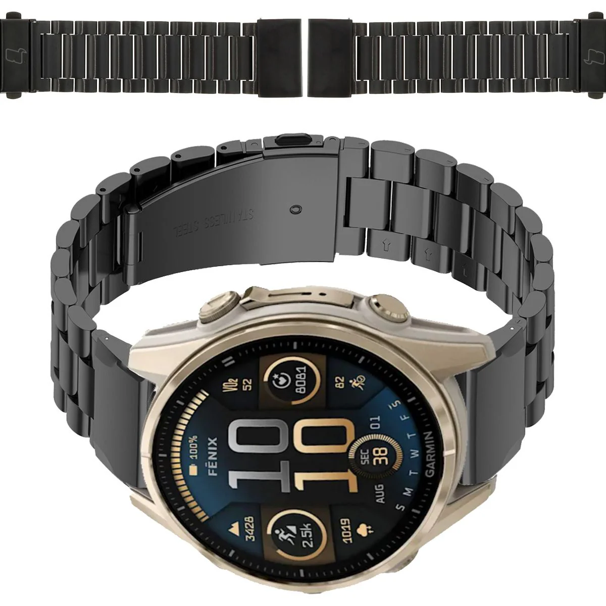 Edelstahl Armband für Smartwatch, Bizon Strap Watch Aura, QuickFit 20 mm, Schwarz