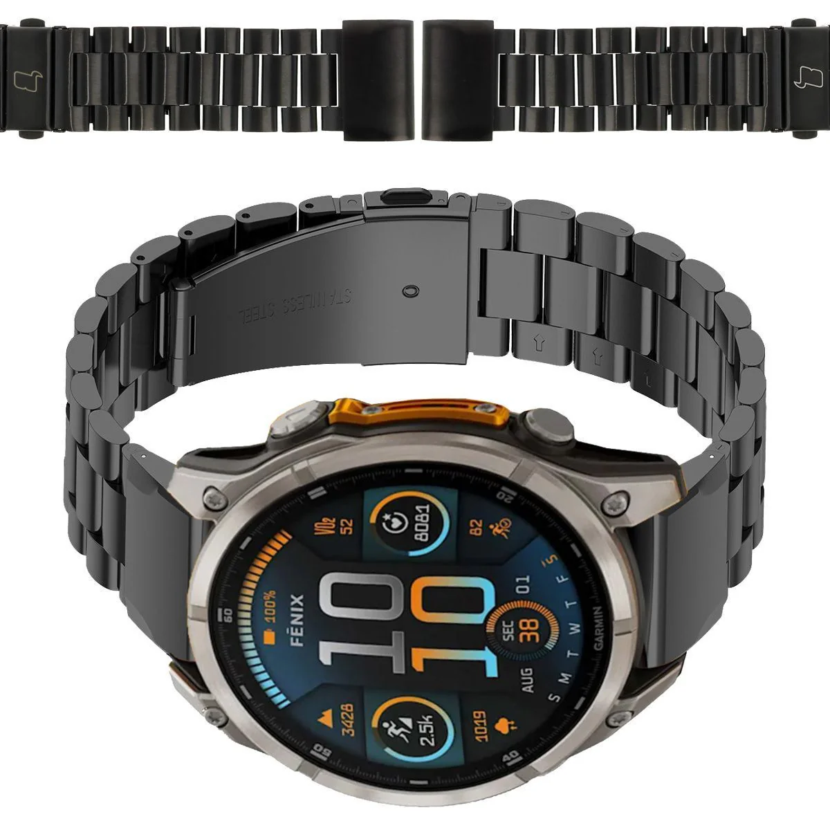 Edelstahl Armband für Smartwatch, Bizon Strap Watch Aura, QuickFit 22 mm, Schwarz