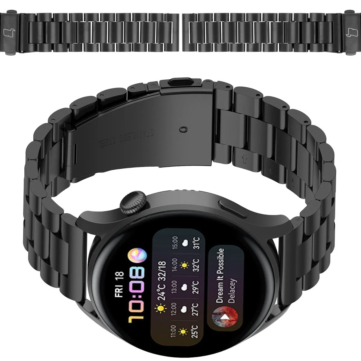 Edelstahl Armband für Smartwatch, Bizon Strap Watch Aura, QuickRelease 20 mm, Schwarz