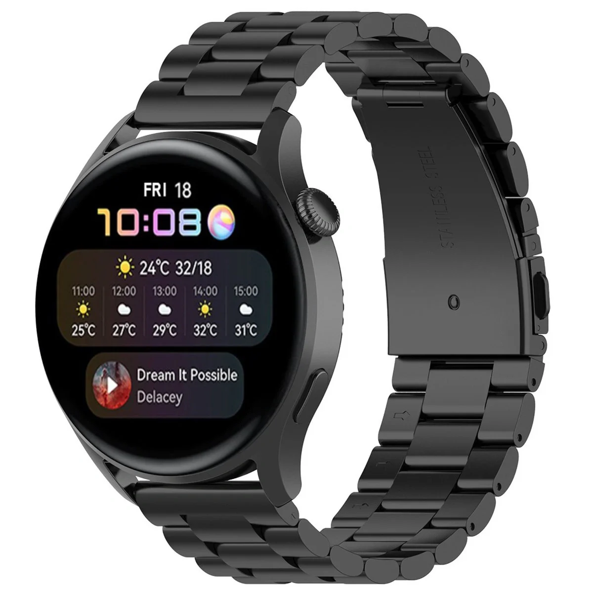 Edelstahl Armband für Smartwatch, Bizon Strap Watch Aura, QuickRelease 20 mm, Schwarz - Image 2