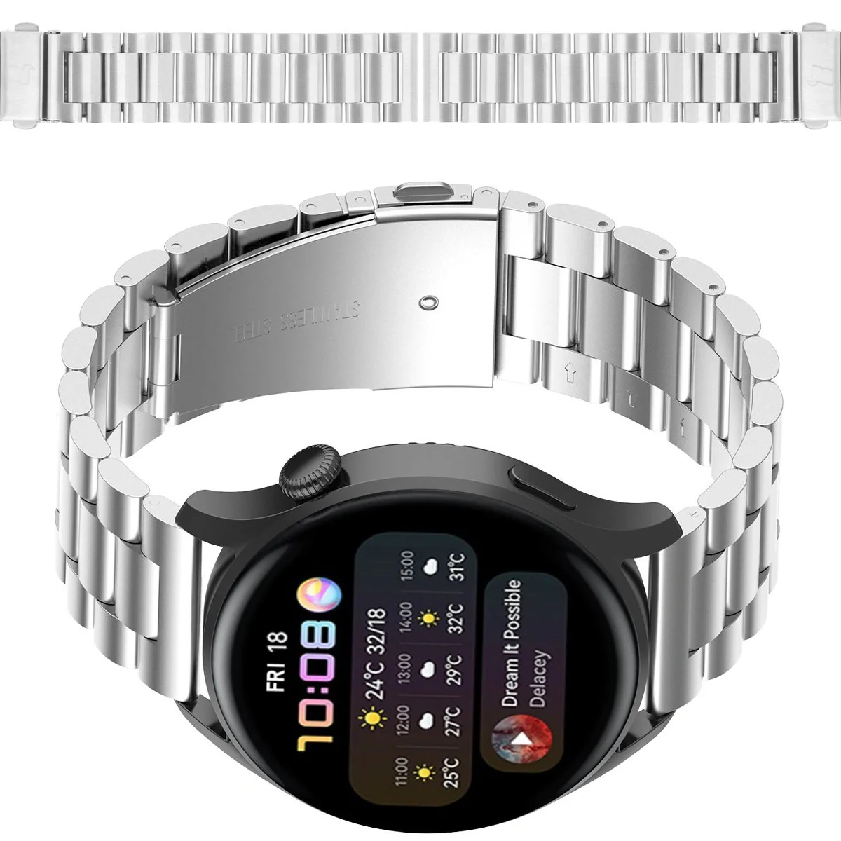 Edelstahl Armband für Smartwatch, Bizon Strap Watch Aura, QuickRelease 20 mm, Silbern