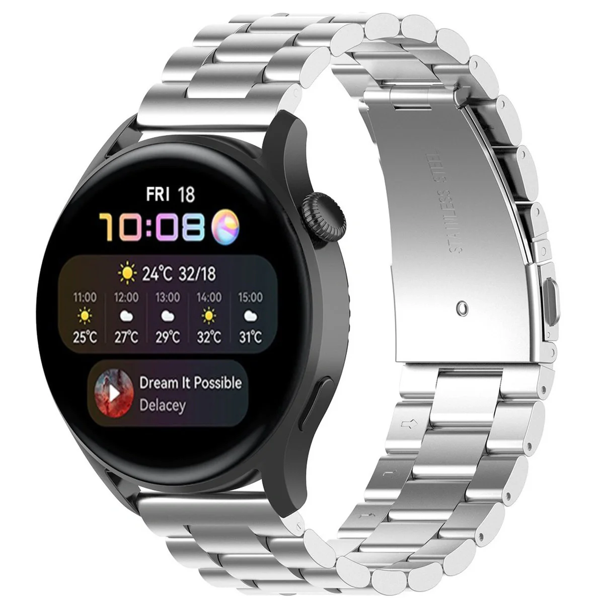 Edelstahl Armband für Smartwatch, Bizon Strap Watch Aura, QuickRelease 20 mm, Silbern - Image 2