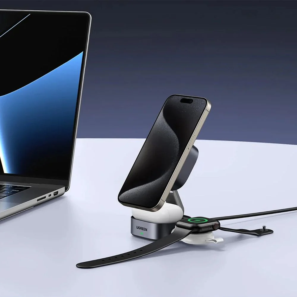 Faltbares induktives Ladegerät, Reise 2-in-1 15W mit MagSafe, Qi2, USB-C, Ugreen W702, Grau - Image 4