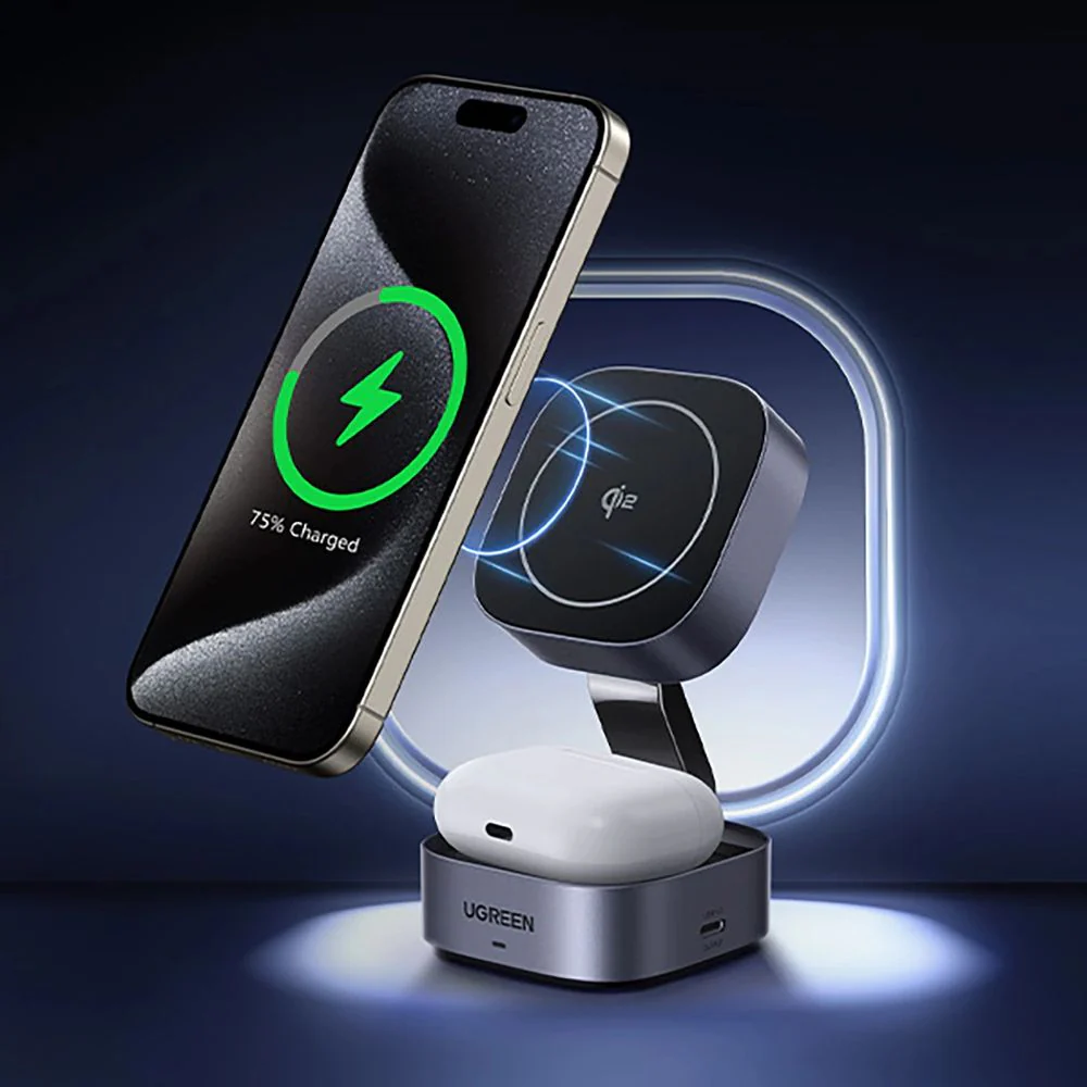 Faltbares induktives Ladegerät, Reise 2-in-1 15W mit MagSafe, Qi2, USB-C, Ugreen W702, Grau - Image 8