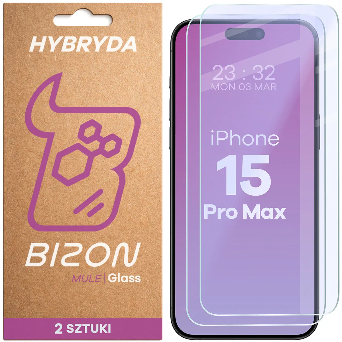 Flexibles Hybridglas für iPhone 15 Pro Max, Bizon Glass Mule Duo, 2 Stück