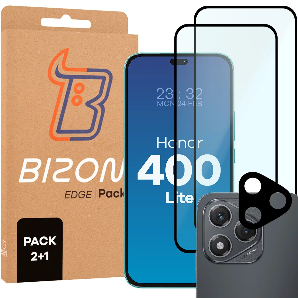 Gehärtetes Glas - 2 Stück + Kameraschutz für Honor 400 Lite, Bizon Glass Edge Pack, Schwarz