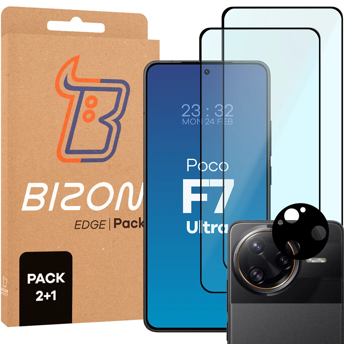 Gehärtetes Glas - 2 Stück + Kameraschutz für Xiaomi Poco F7 Ultra, Bizon Glass Edge Pack, Schwarz