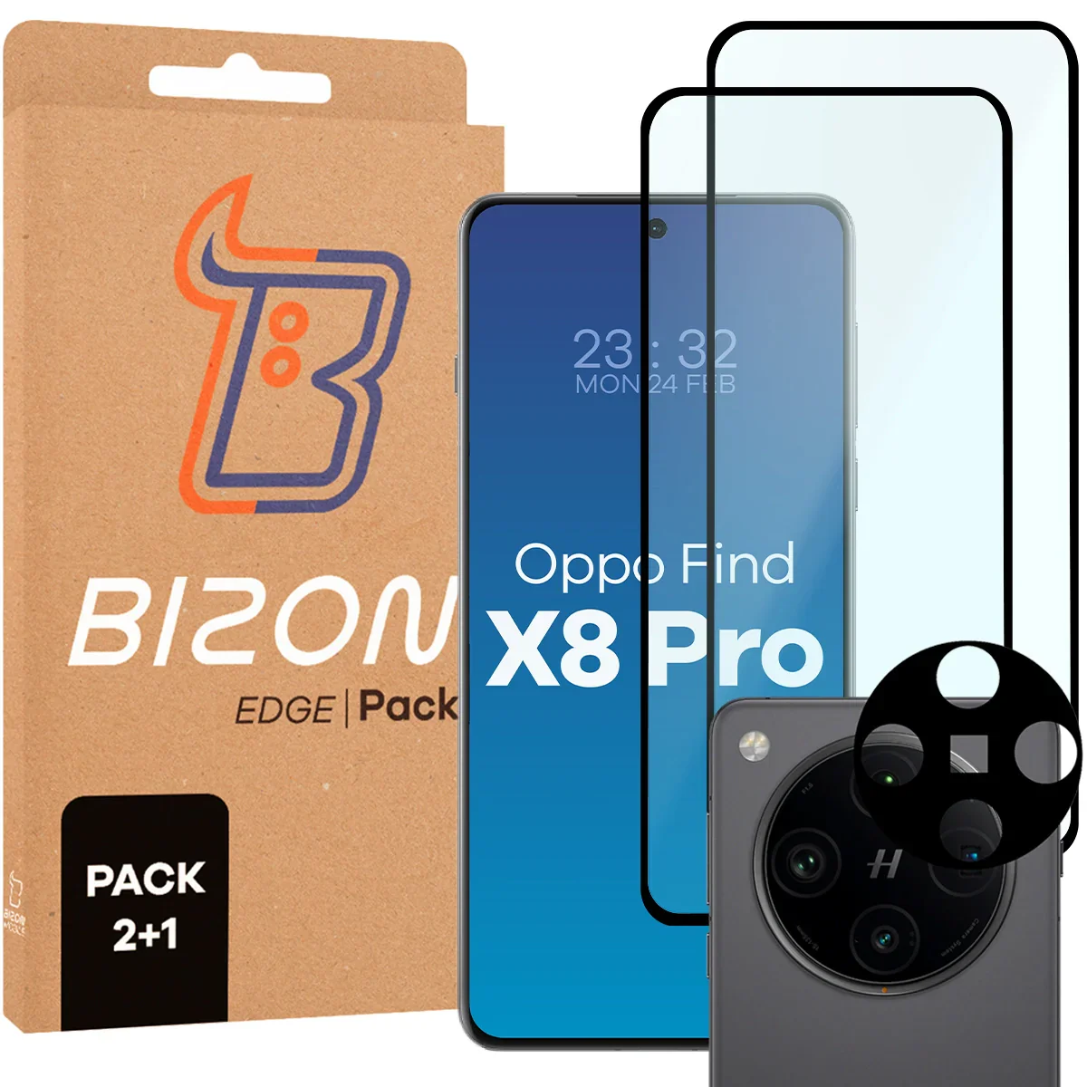 Gehärtetes Glas - 2 Stück + Kameraschutz für Oppo Find X8 Pro, Bizon Glass Edge Pack, Schwarz