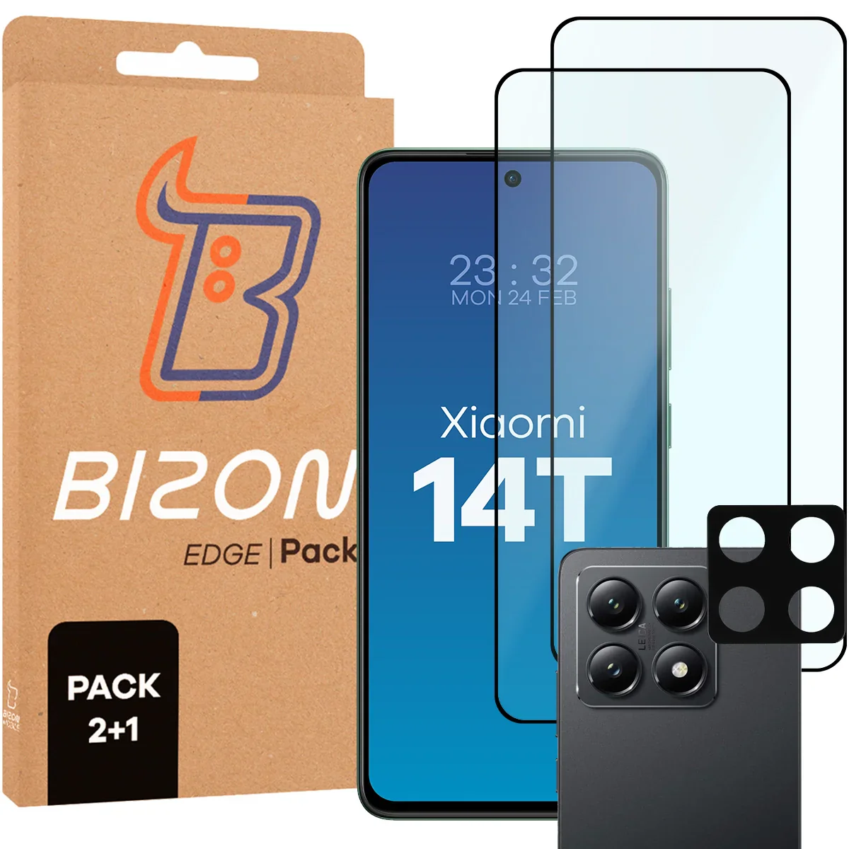 Gehärtetes Glas - 2 Stück + Kameraschutz für Xiaomi 14T, Bizon Glass Edge Pack, Schwarz