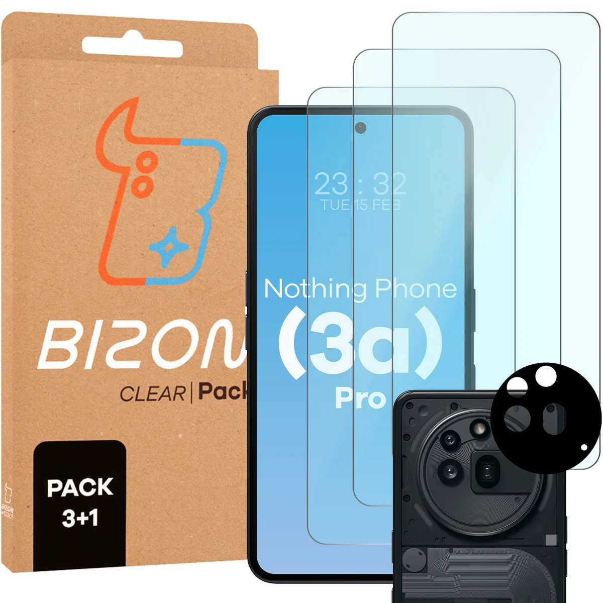 Gehärtetes Glas - 3 Stück + Kameraschutz für Nothing Phone (3a) Pro, Bizon Glass Clear Pack