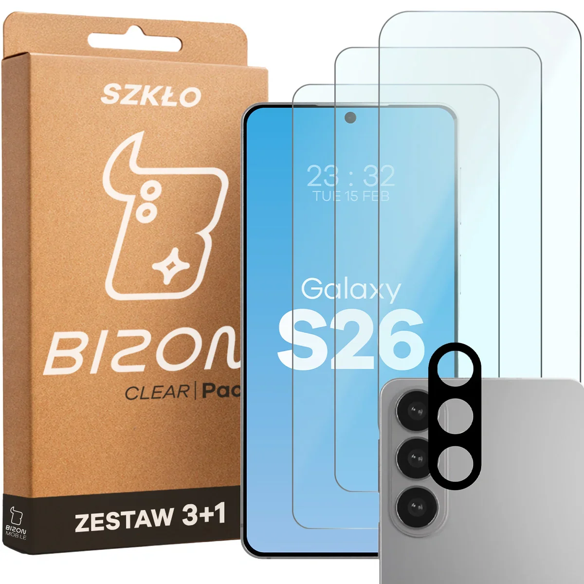 Gehärtetes Glas - 3 Stück + Kameraschutz für Galaxy S26, Bizon Glass Clear Pack