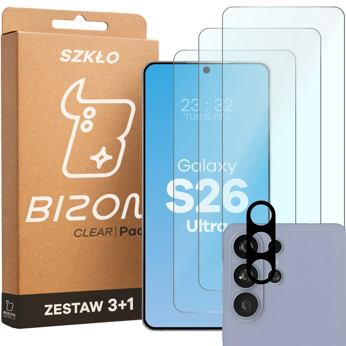 Gehärtetes Glas - 3 Stück + Kameraschutz für Galaxy S26 Ultra, Bizon Glass Clear Pack
