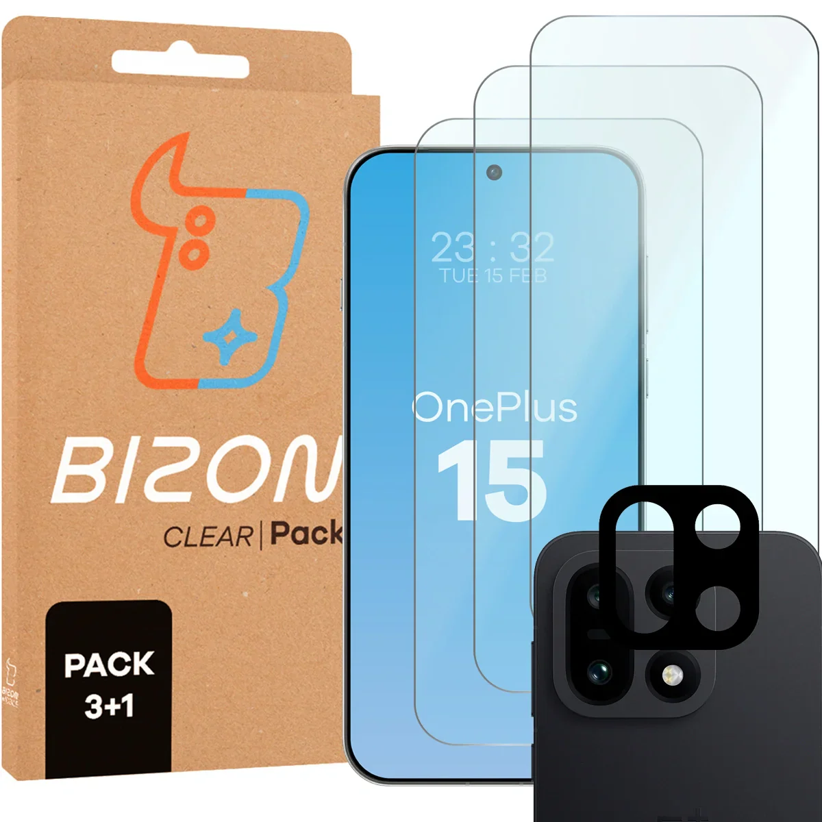 Gehärtetes Glas - 3 Stück + Kameraschutz für OnePlus 15, Bizon Glass Clear Pack