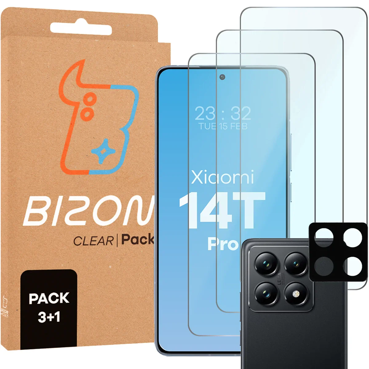Gehärtetes Glas - 3 Stück + Kameraschutz für Xiaomi 14T Pro, Bizon Glass Clear Pack