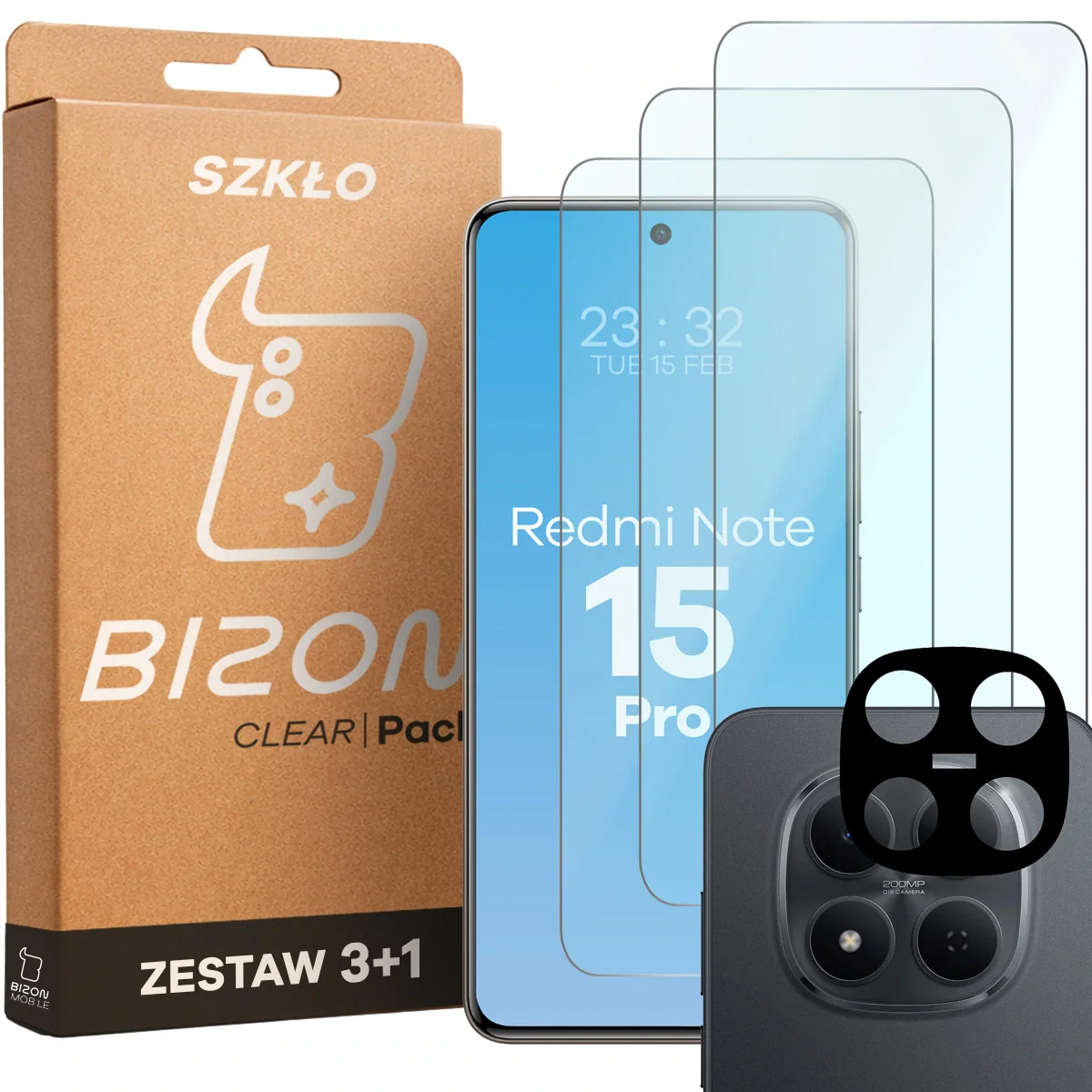 Gehärtetes Glas - 3 Stück + Kameraschutz für Xiaomi Redmi Note 15 Pro 5G, Bizon Glass Clear Pack