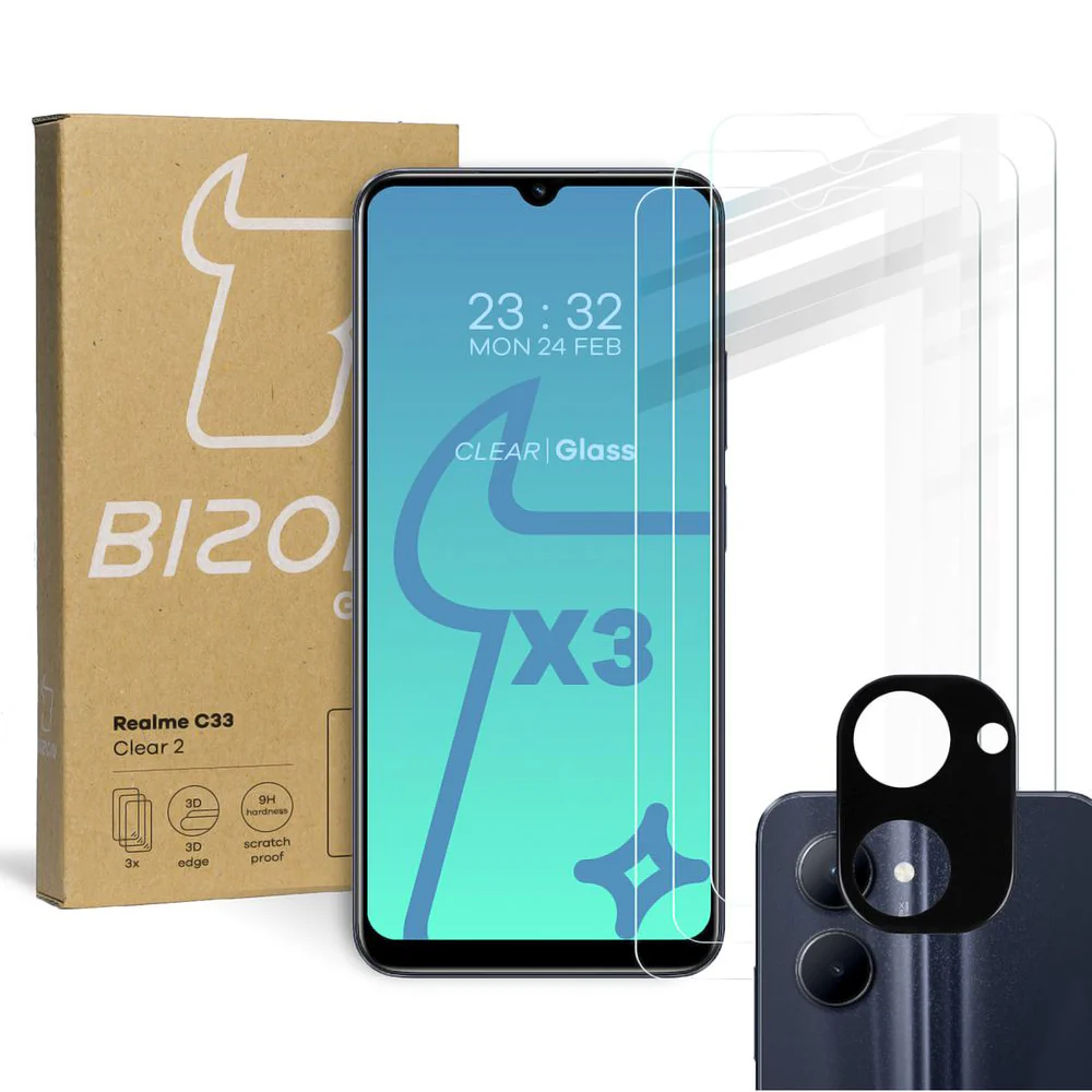 Gehärtetes Glas - 3 Stück + Kameraschutz, Realme C33, Bizon Glass Clear 2 Pack