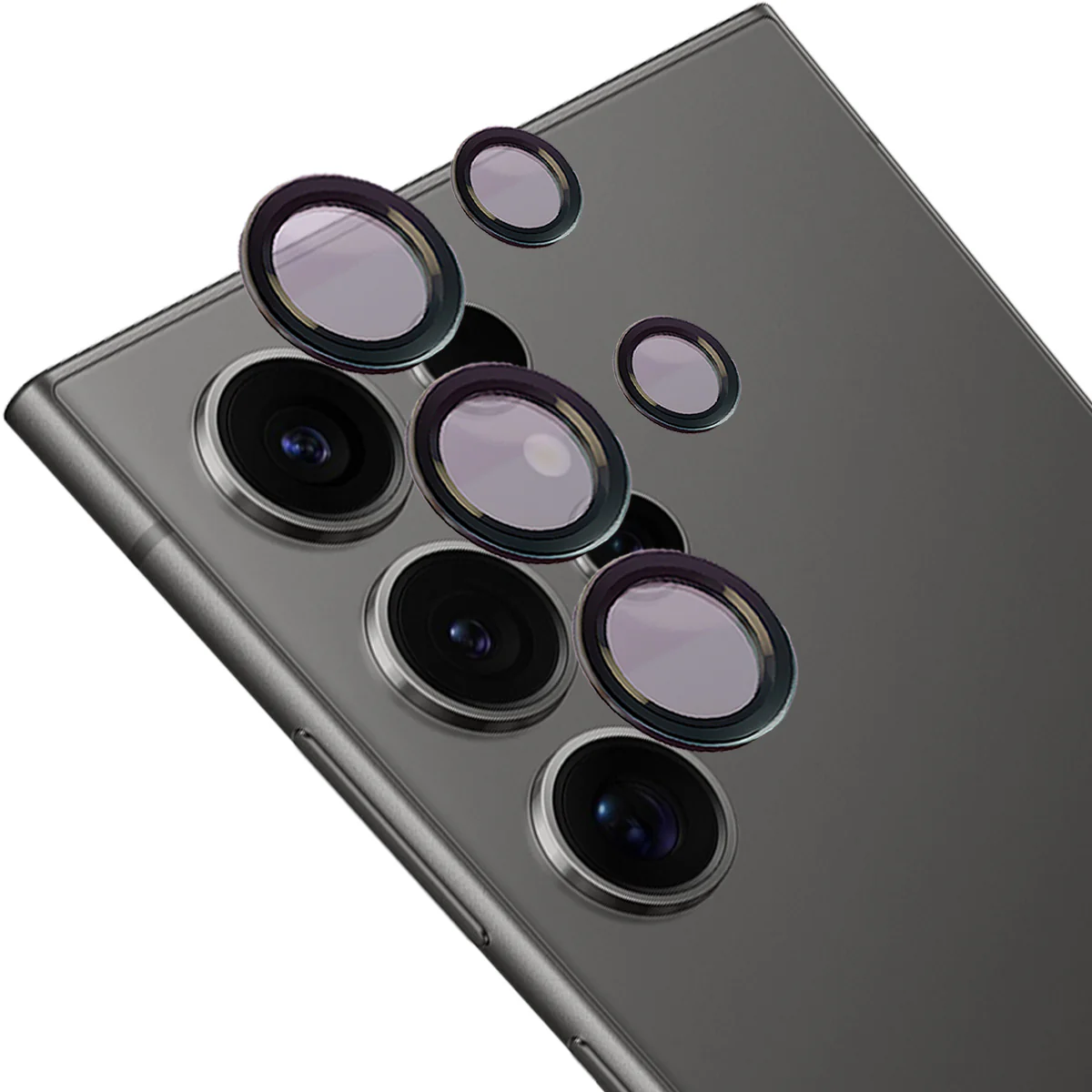 Gehärtetes Glas für die Kamera mit Applikator für Galaxy S24 Ultra, Bizon Glass Snap Lens, 1 Set, Schwarzer Rahmen