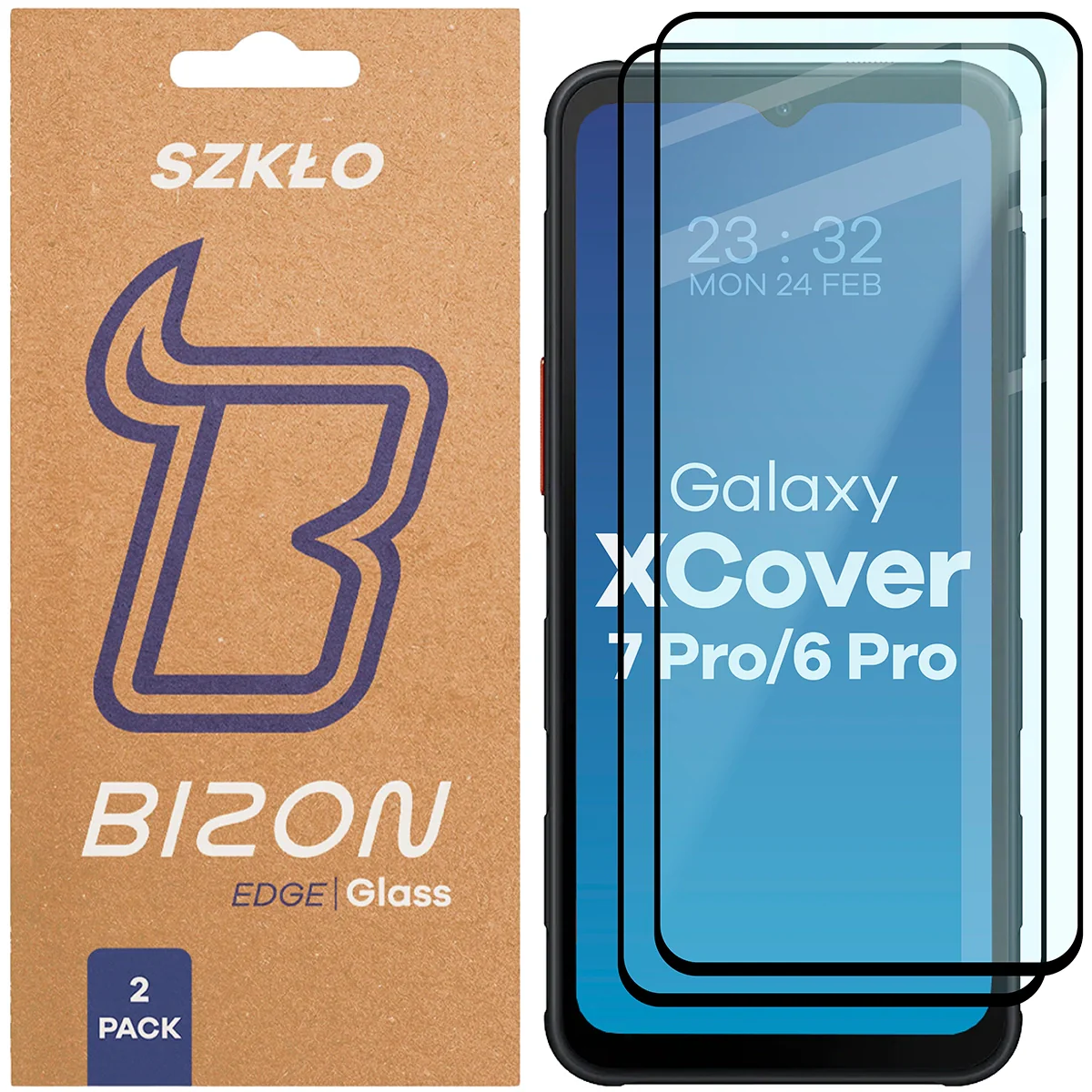 Gehärtetes Glas für Galaxy XCover 7 Pro / 6 Pro, Bizon Glass Edge Duo, Schwarzer Rahmen, 2 Stück