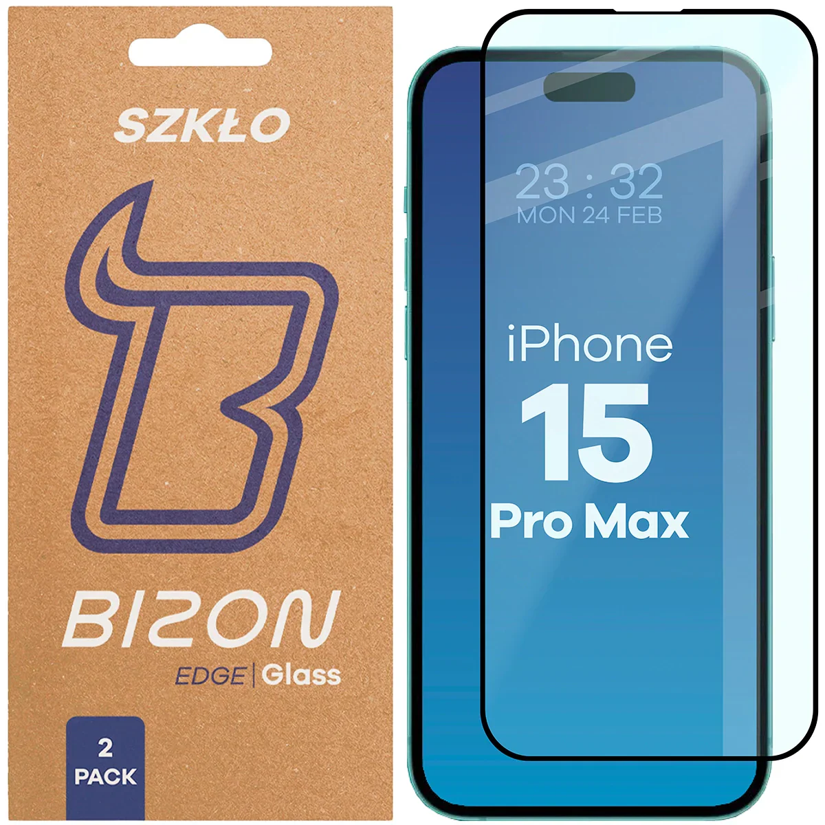 Gehärtetes Glas für iPhone 15 Pro Max, Bizon Glass Edge Duo, Schwarzer Rahmen, 2 Stück