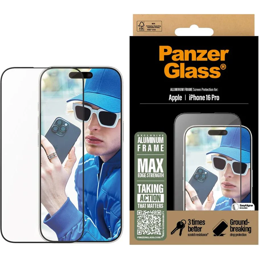 Gehärtetes Glas für iPhone 16 Pro, PanzerGlass Aluminum Frame Ultra-Wide Fit + EasyAligner, Schwarzer Rahmen - Image 3