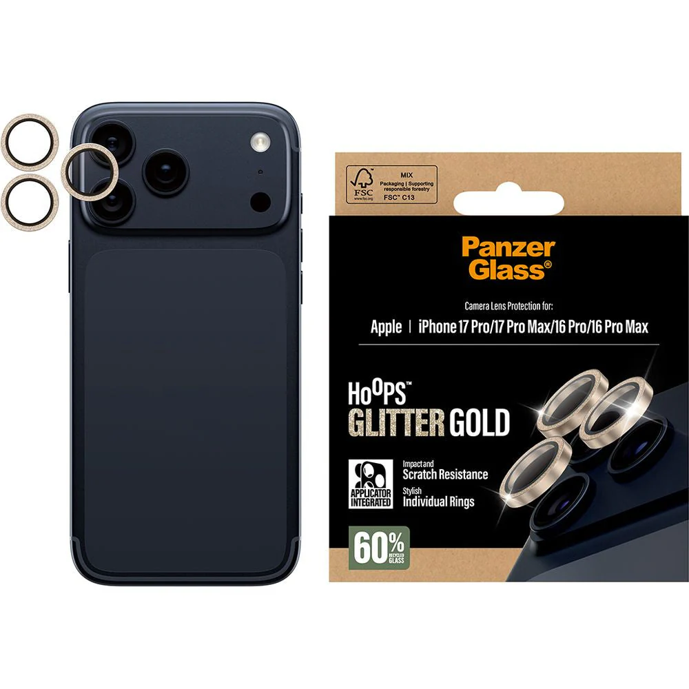 Gehärtetes Glas für iPhone 17 Pro Max / 17 Pro / 16 Pro Max / 16 Pro, PanzerGlass Hoops Glitter Gold Camera Lens Protector, Transparent und Gold - Image 4