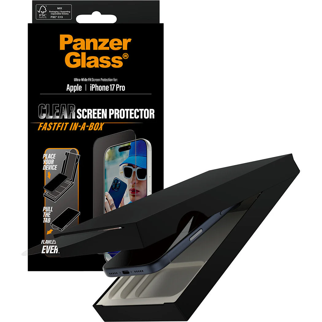 Gehärtetes Glas mit Applikator für die Schutzhülle für iPhone 17 Pro, PanzerGlass Clear Ultra-Wide Fastfit