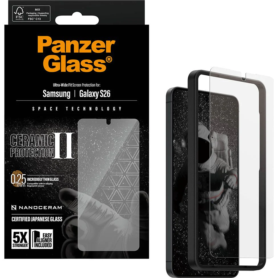 Gehärtetes Glas mit Applikator für Galaxy S26, PanzerGlass Ceramic Ultra-Wide Fit + EasyAligner