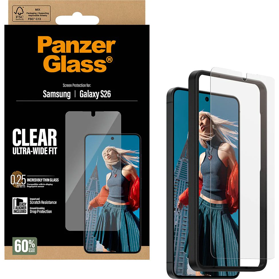 Gehärtetes Glas mit Applikator für Galaxy S26, PanzerGlass Ultra-Wide Fit, Transparent