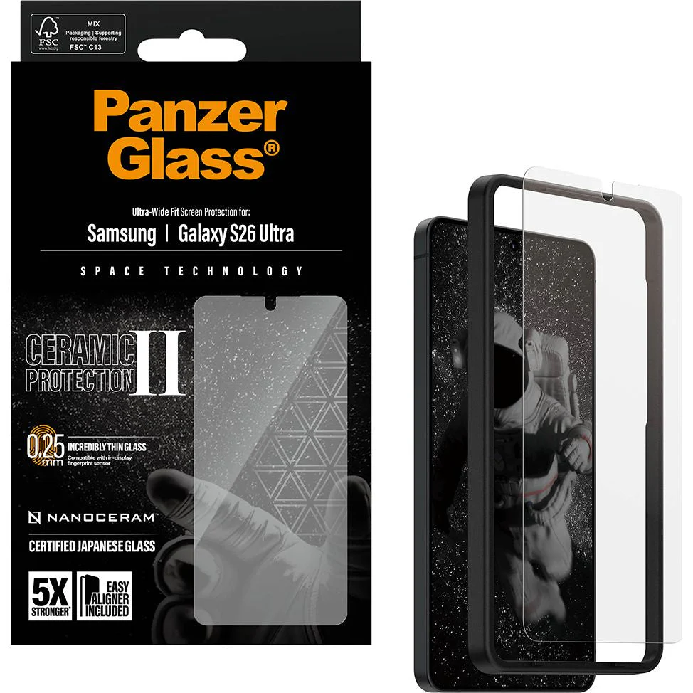 Gehärtetes Glas mit Applikator für Galaxy S26 Ultra, PanzerGlass Ceramic Ultra-Wide Fit + EasyAligner