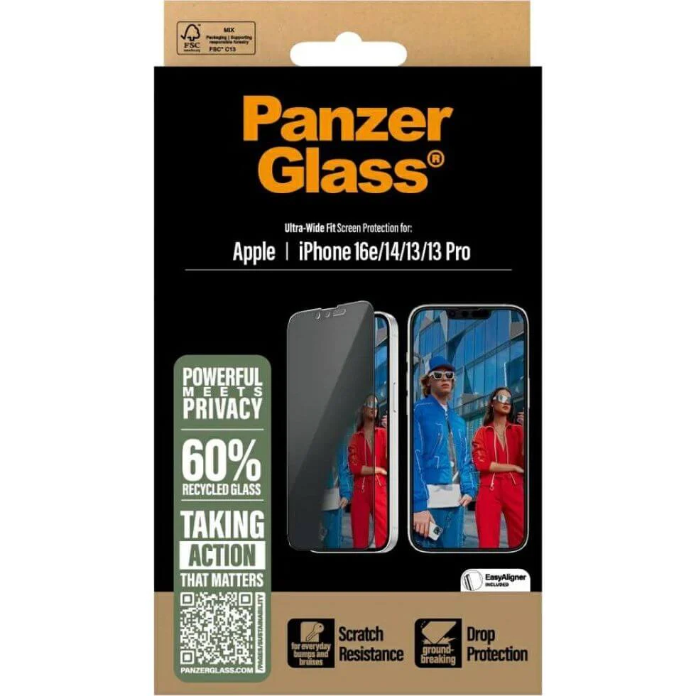 Gehärtetes Glas mit Applikator für iPhone 17e / 16e / 14 / 13 Pro / 13, PanzerGlass Ultra-Wide Fit Privacy EasyAligner, Getönte mit schwarzer Rahmen - Image 4