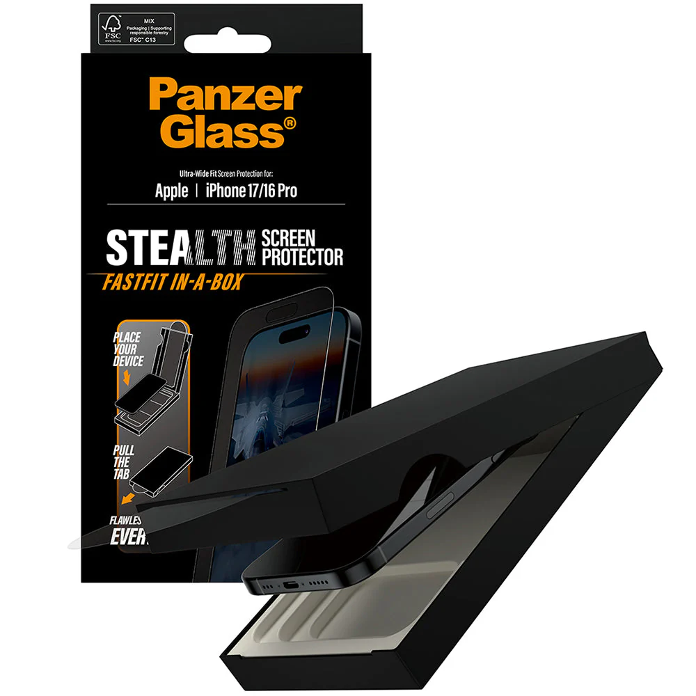 Gehärtetes Glas mit Applikator für iPhone 17 / 16 Pro, PanzerGlass Stealth Ultra-Wide Fastfit