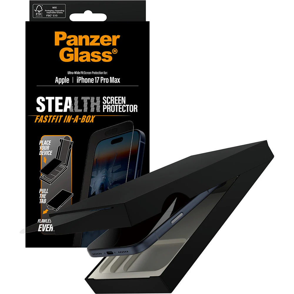 Gehärtetes Glas mit Applikator für iPhone 17 Pro Max, PanzerGlass Stealth Ultra-Wide Fastfit