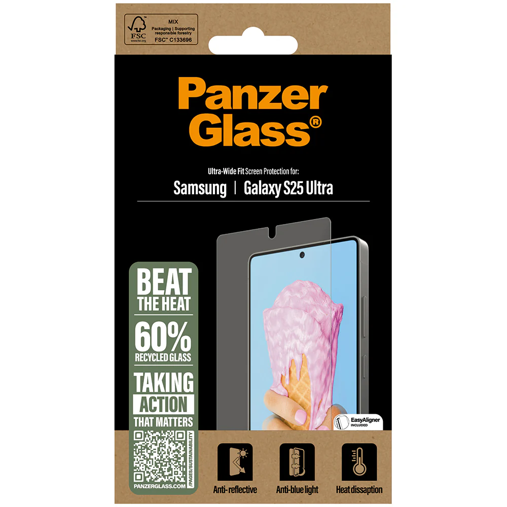 Gehärtetes Glas mit Blaulichtfilter, wärmeleitfähig für Galaxy S25 Ultra, PanzerGlass All-In-One Ultra-Wide-Fit, Transparent